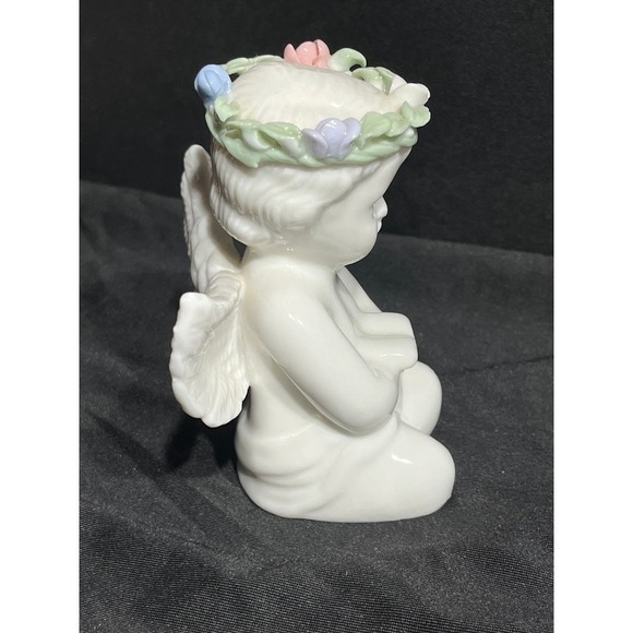 Small Glazed Ceramic angel reading bible. Flower headband. Shelf Decor. - Picture 4 of 6